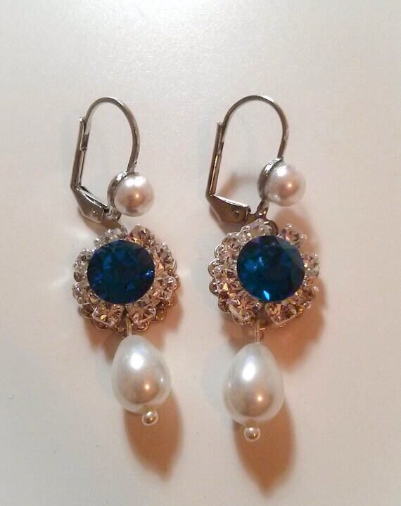 עגילי פנינה סברובסקי כחולים עם ספיר, תכשיטי חתונה לכלה