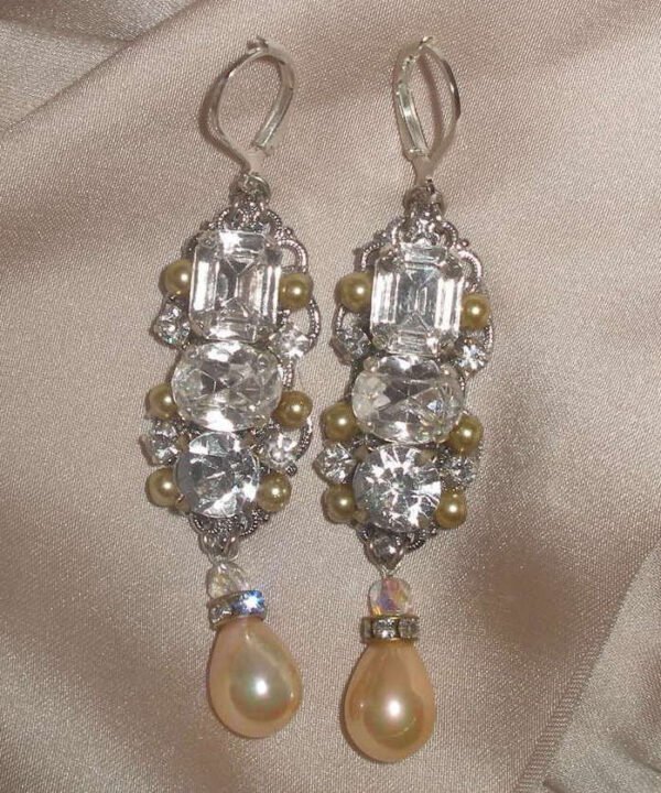 עגילי כלה קריסטל סברובסקי, עגילי פנינה מזהב בהיר